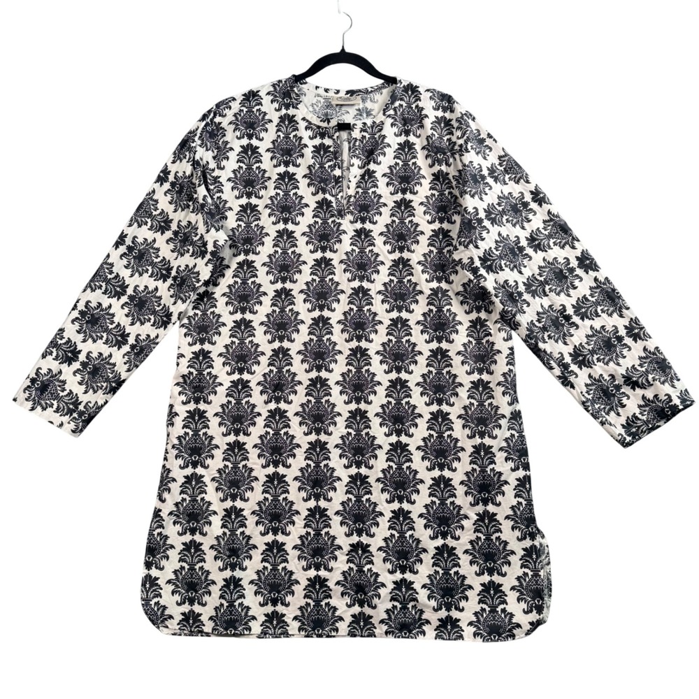Malabar Bay Pineapple Block Print‎ Womens Tunic L Black White Cotton Boho Resort